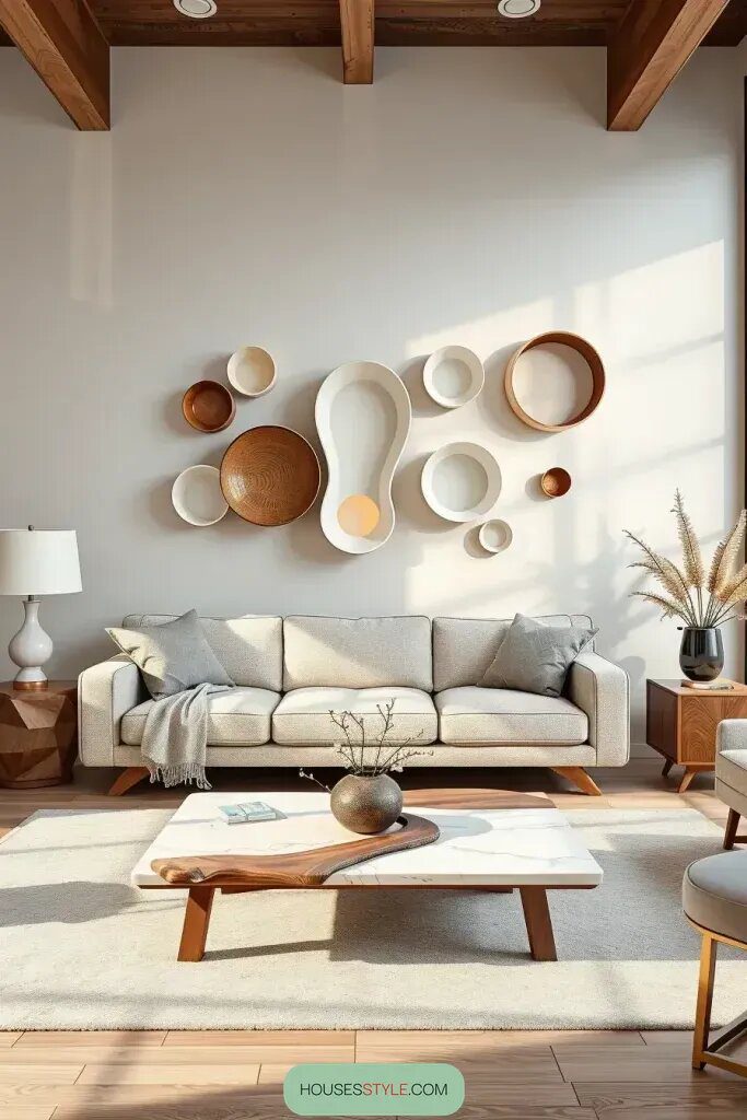 Pair Organic Sofas with Curved Wall Sculptures