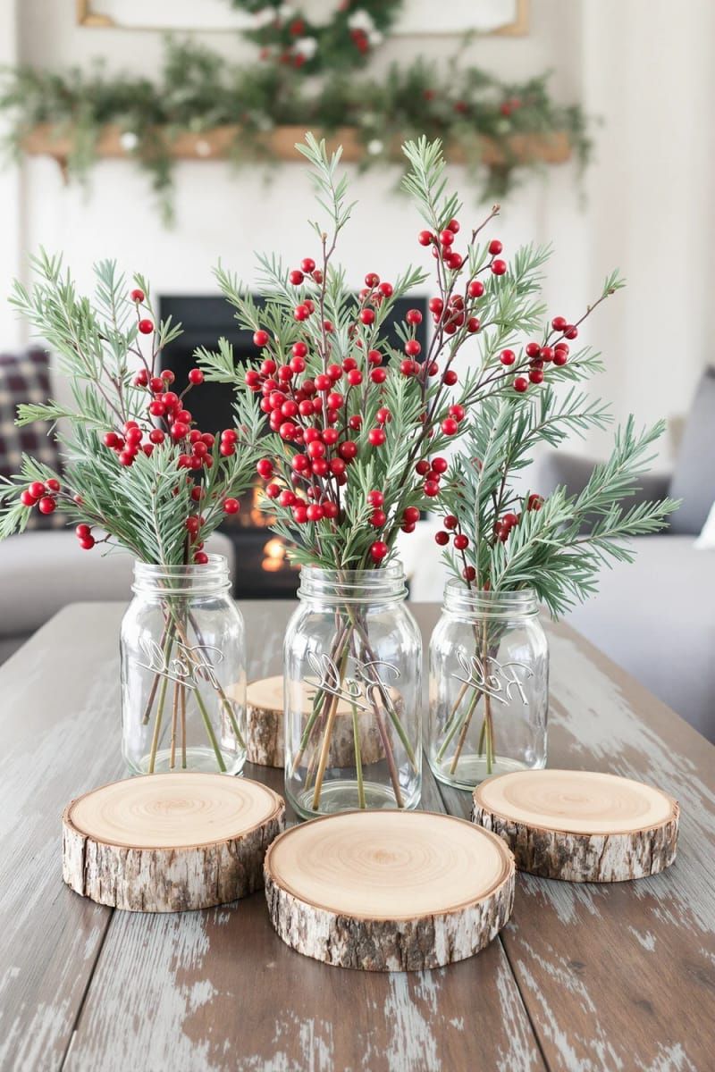 6. Mason jar vases with berries, cedar, and wood slices - photo 2