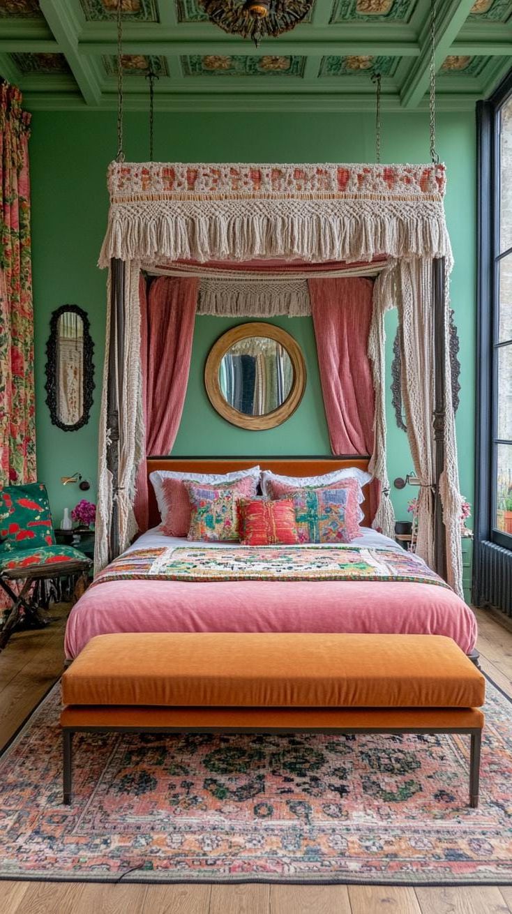 1. Velvet Canopy Bed With Macrame Drapes And Antiqued Patina Mirrors - photo 3