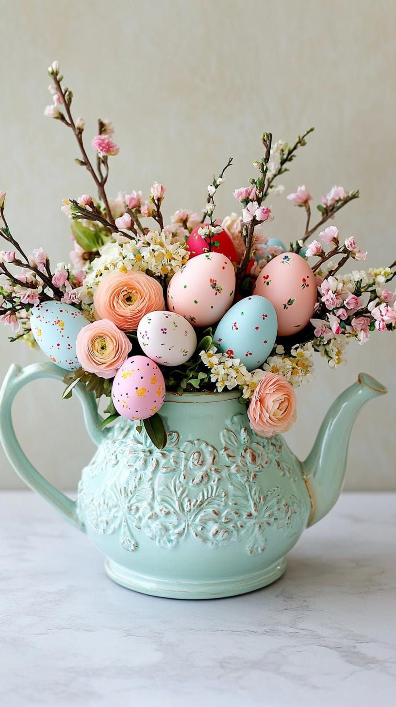 2. Vintage Teapot With Easter Eggs And Flowers - photo 3