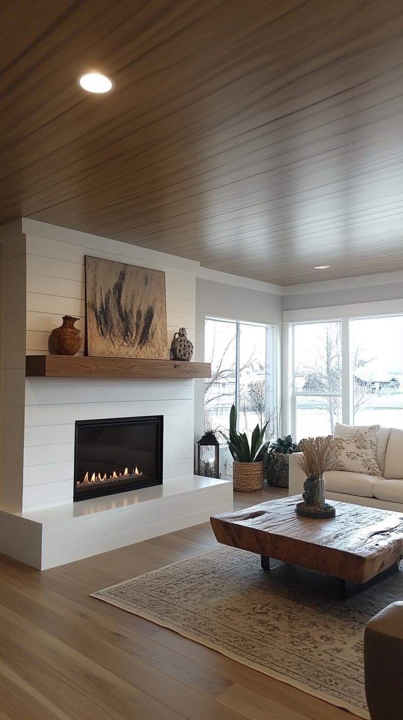 2. Minimalist white linear fireplace with floating wooden mantel shelves - photo 3