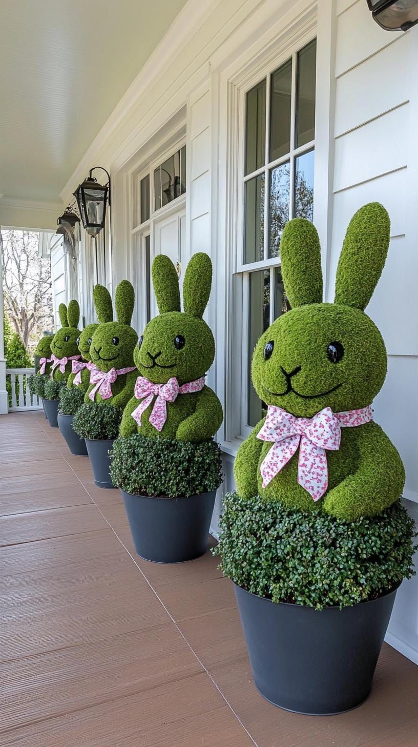 7. Moss-Covered Bunny Topiaries In Porch Planters - photo 2