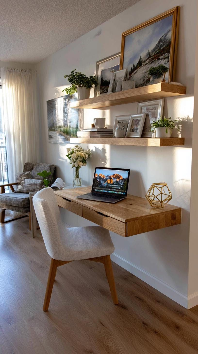 2. Floating desk with sleek wall shelves