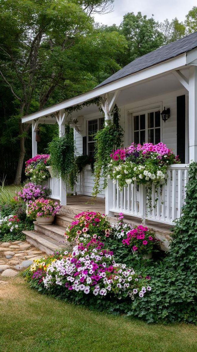 25. Colorful Flower Boxes on Porch Railings