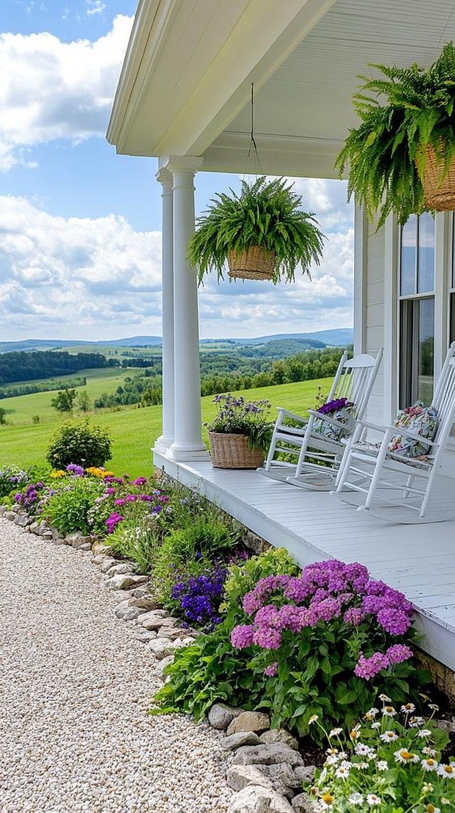3. Front Porch Decked with Hanging Fern Baskets
