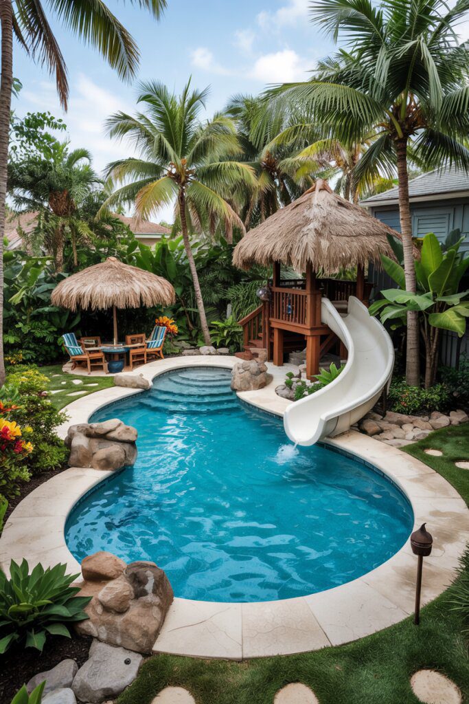 Tropical-Style Pool With a Slide