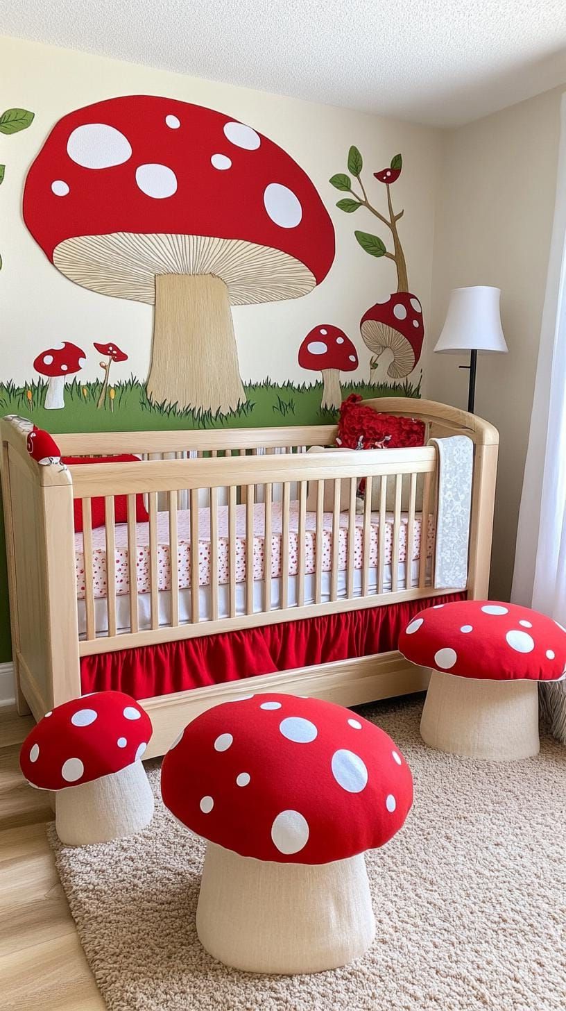 5. Mushroom Lodge with Polka Dots and Red Accents