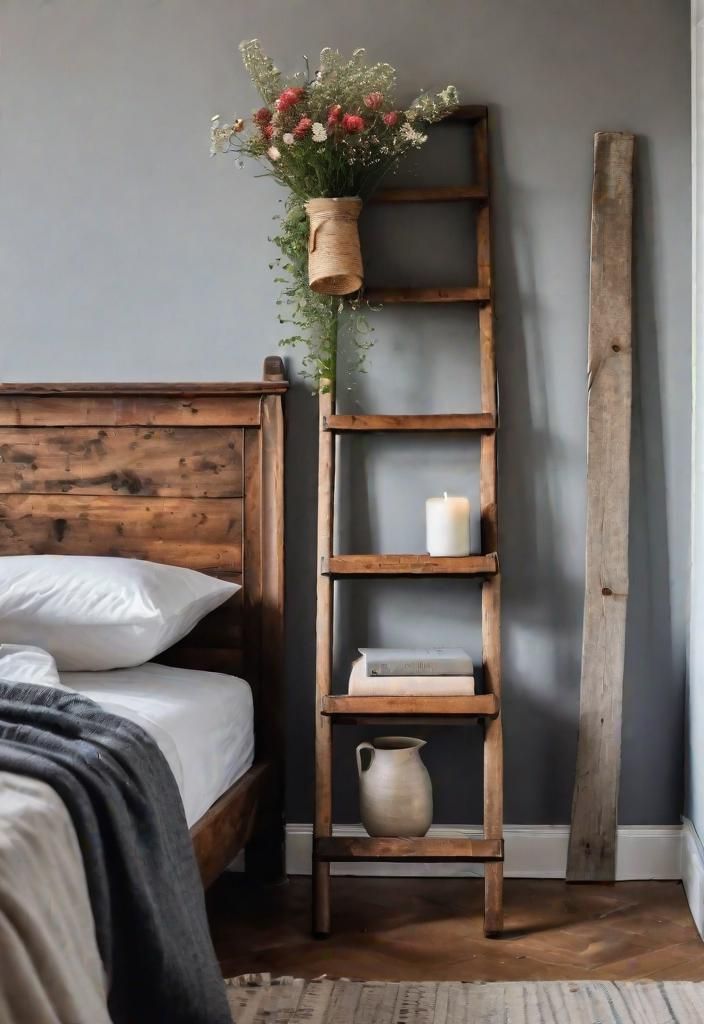 1. Rustic Bedside Organizer: Vintage Ladder