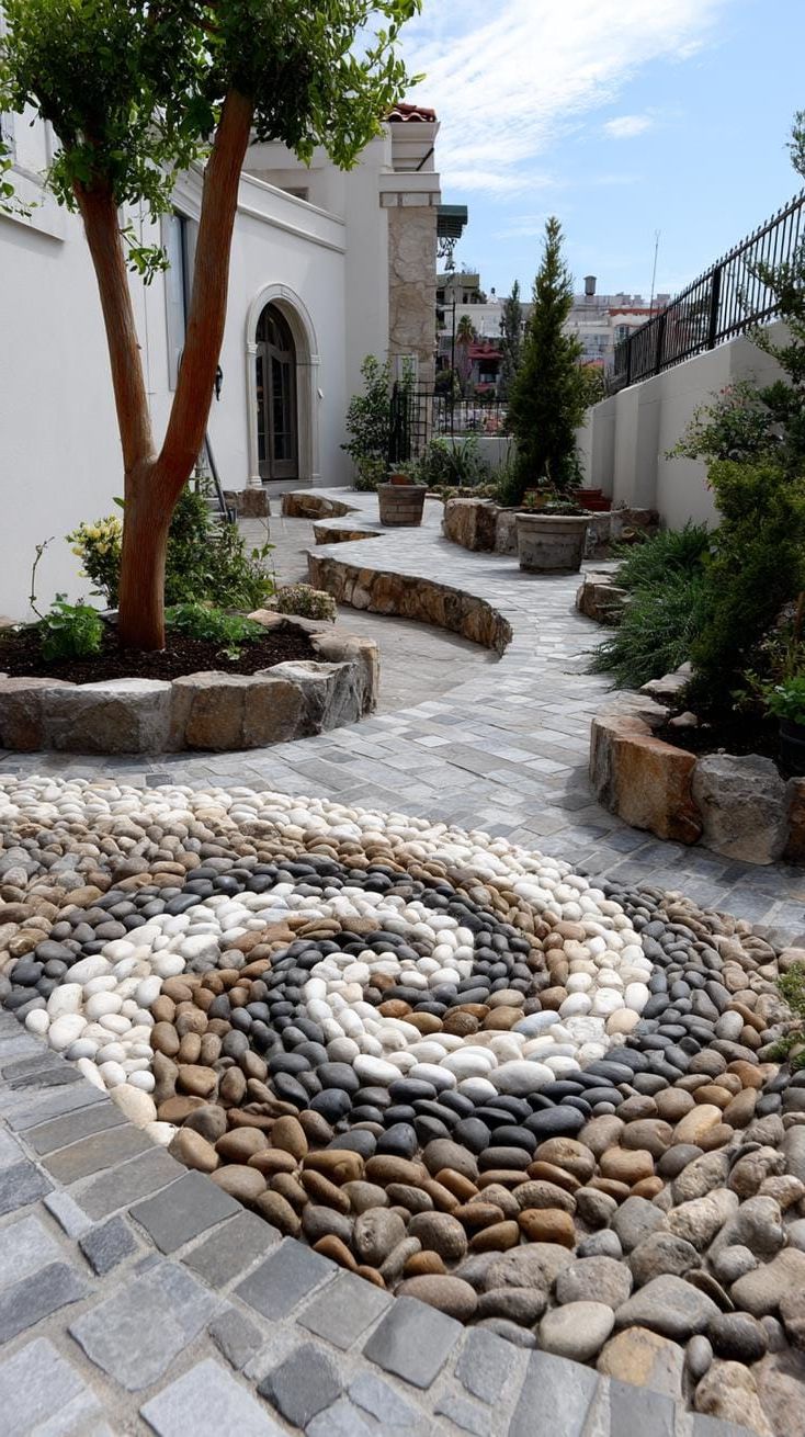 17. Swirling Pebble Mosaic as a Focal Point