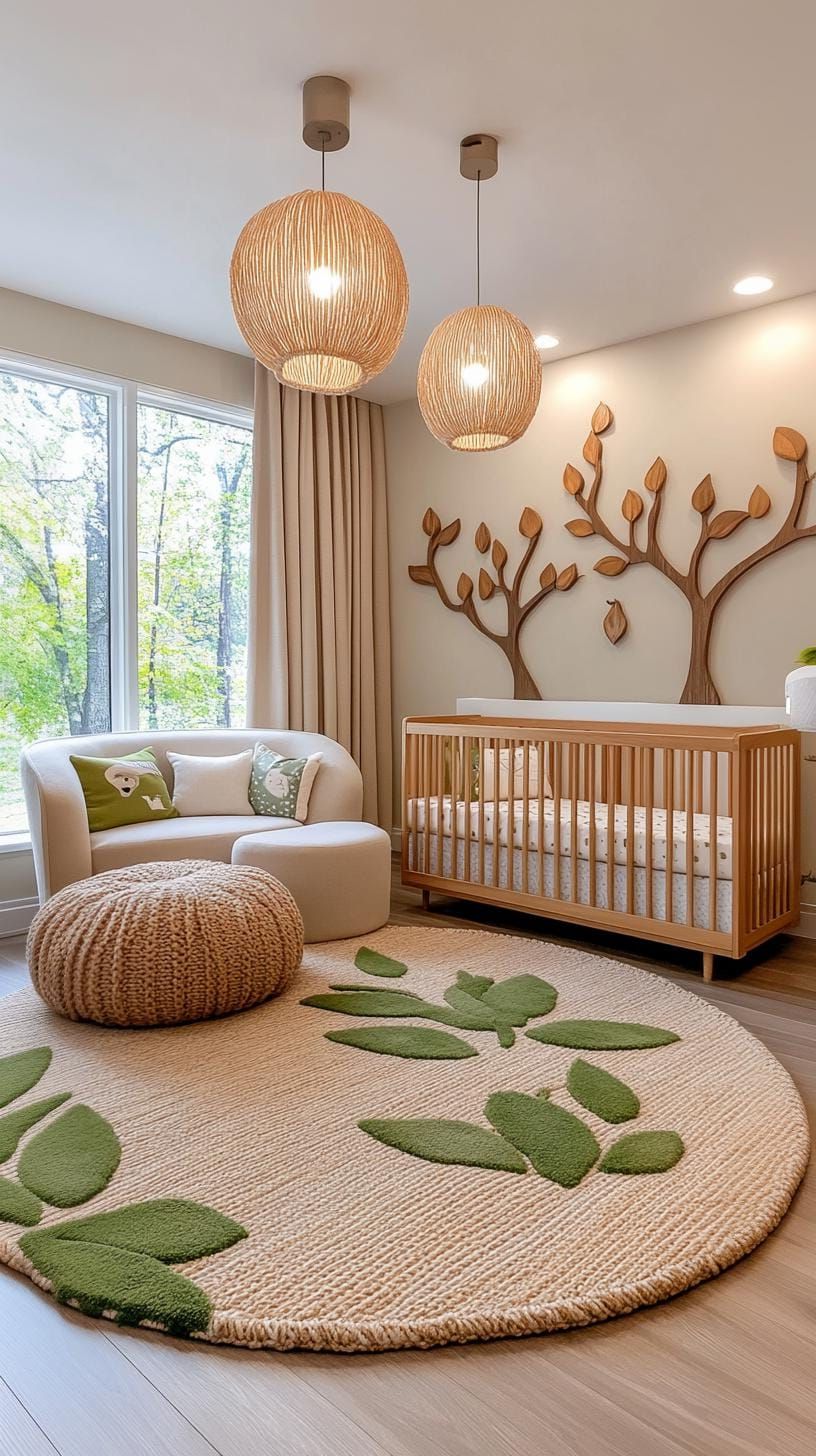20. Forest Floor Nursery with Textured Rugs and Leaf Accents - photo 2