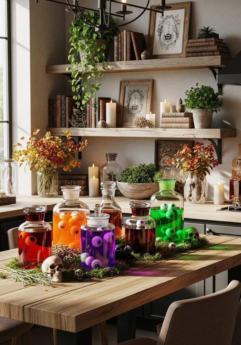 2. Apothecary Jars Filled with Colored Liquid and Floating Eyeballs