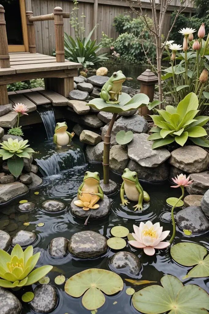 Playful Frog Figurines Near the Water
