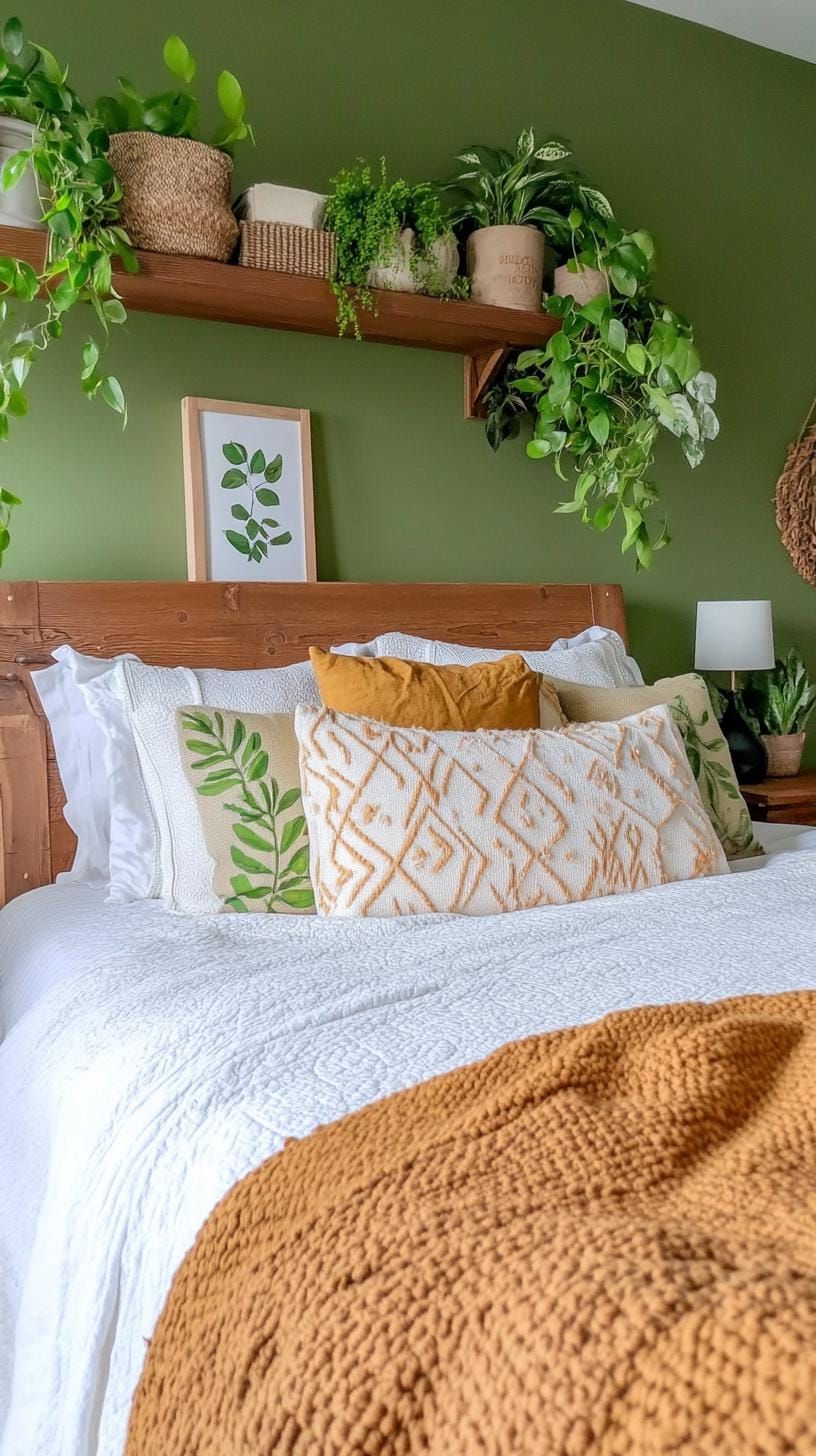18. Botanical Olive Green Bedroom with Plant Shelves - photo 3