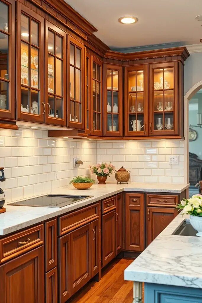 Glass-Insert Wood Cabinets for an Open Feel
