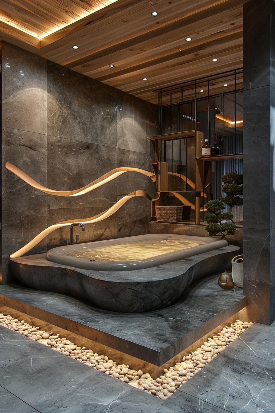 5. Sunken Bathtubs Framed by Pebble Inlays