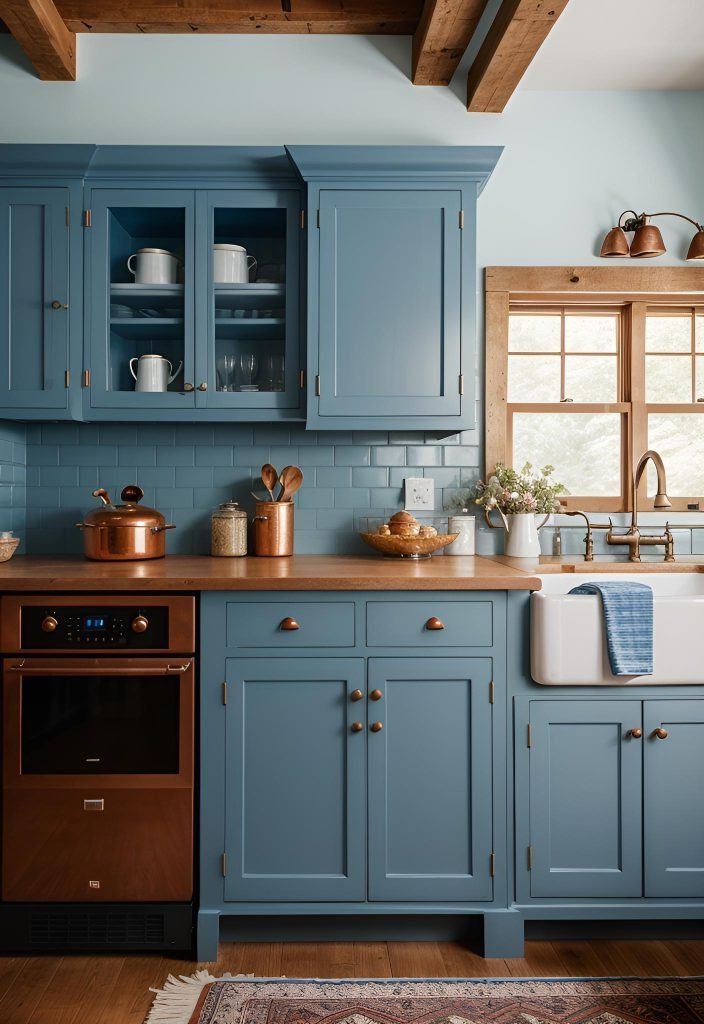5. Rustic Blue Cabinets with Copper Accents