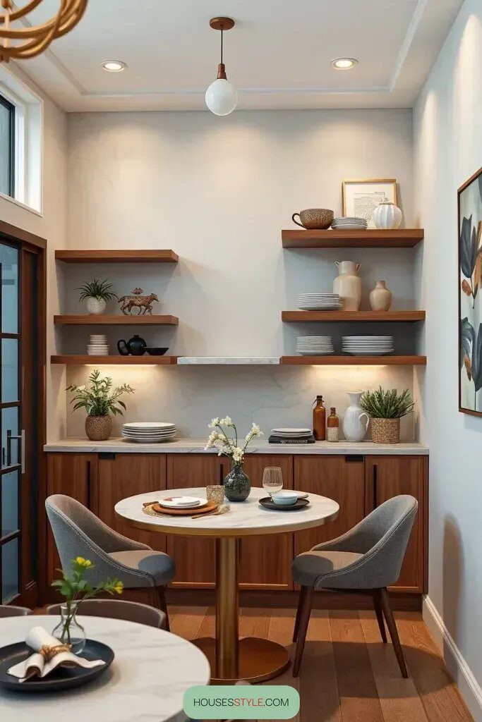 Floating Shelves Doubling as Built-In Buffets