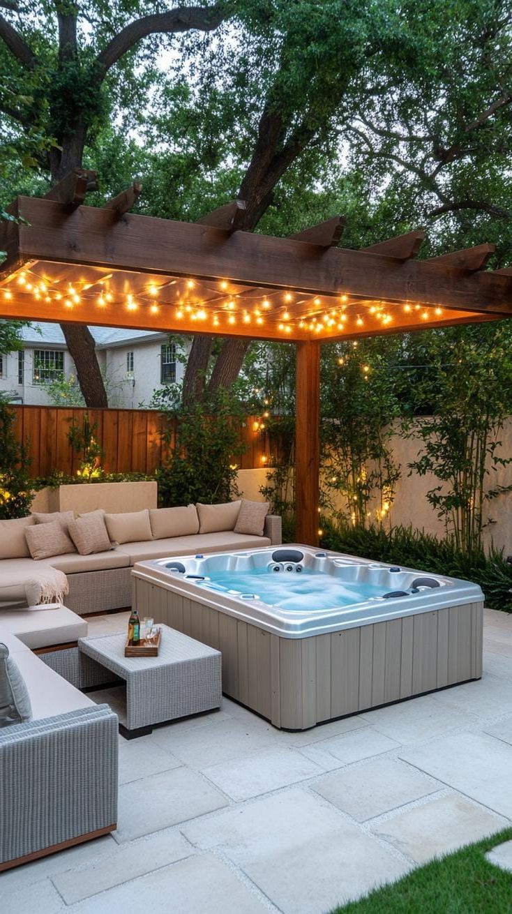 5. Relaxing Hot Tub Oasis with a Stylish Pergola and Twinkling String Lights - photo 2
