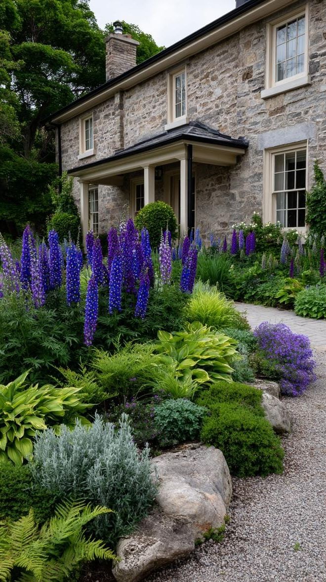 22. Delphiniums Rising Above Stone Garden Walls