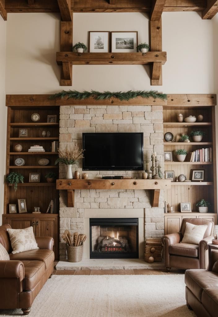 2. Stone Fireplace Shelf Design