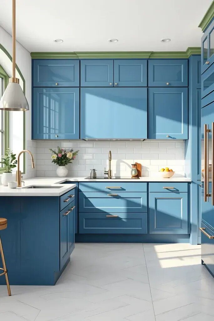 Blue Cabinets with Earthy Sage Touches