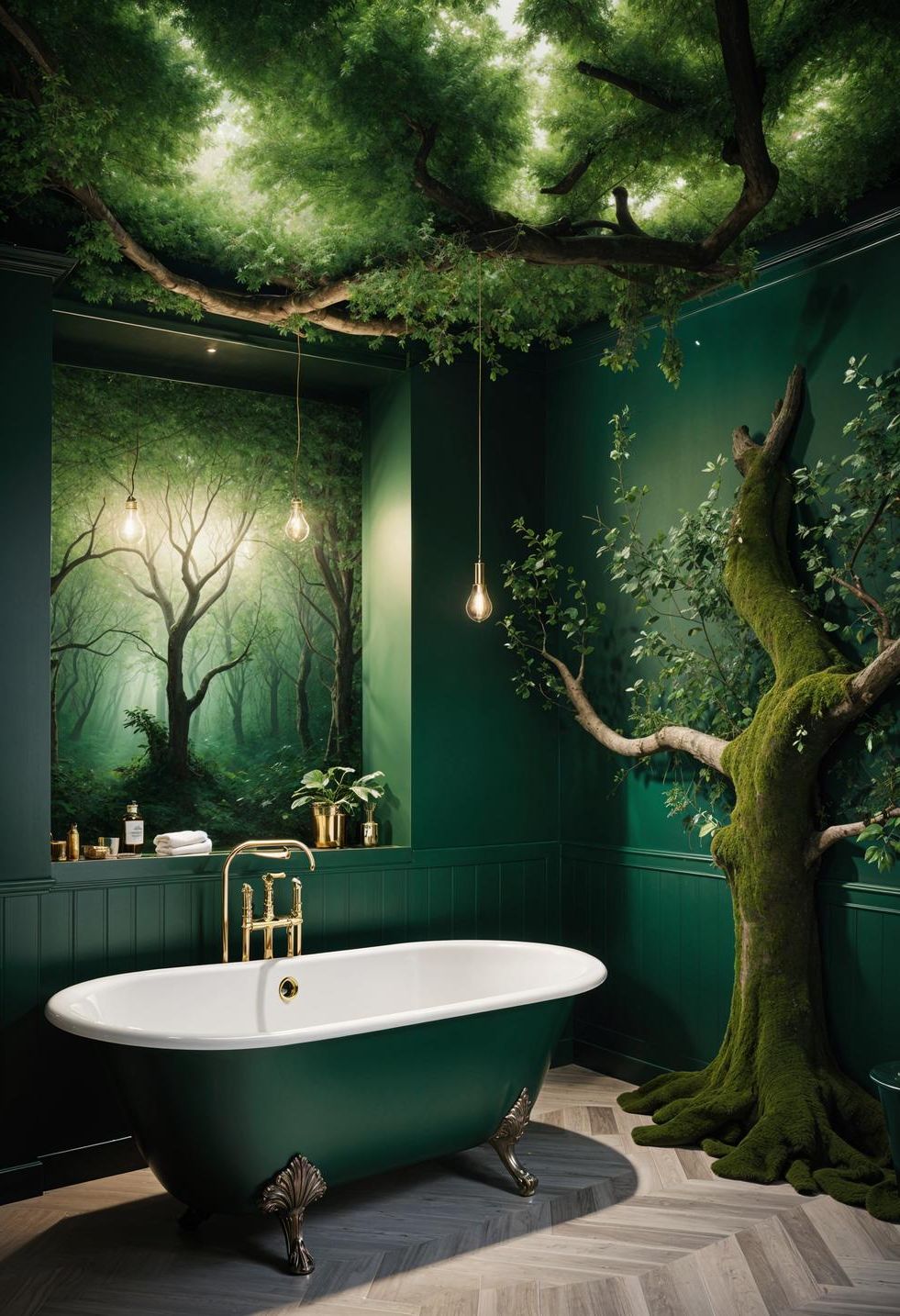15. Forest-Inspired Green Bathroom Theme