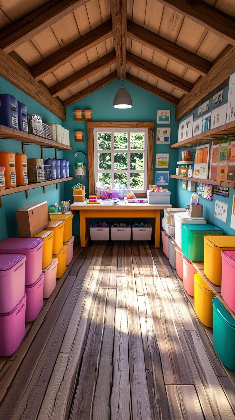 16. Rainbow Pegboard Crafting Shed with Long Work Table
