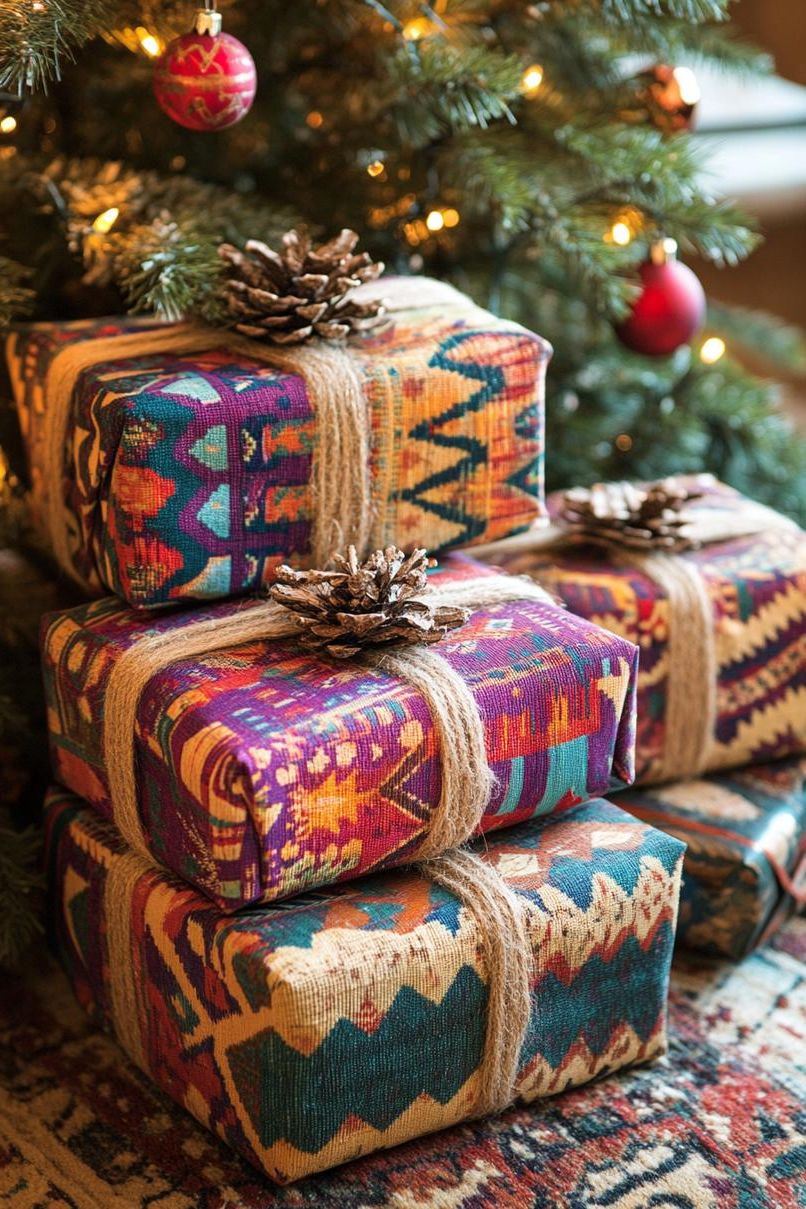 16. Tribal Fabric-Wrapped Christmas Presents