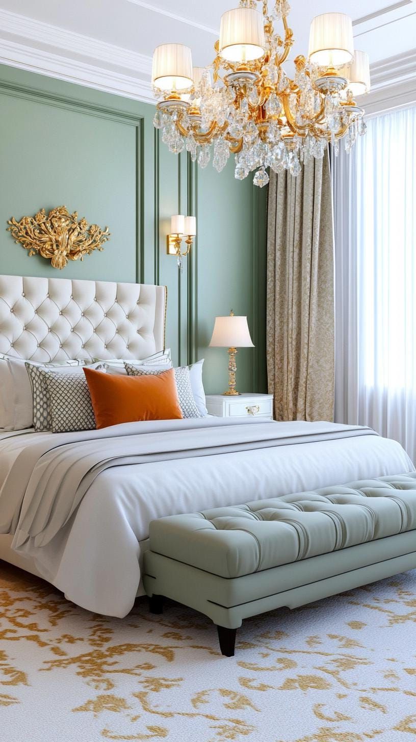 16. Luxurious Bedroom with Sage Green Carpet and Chandeliers - photo 3