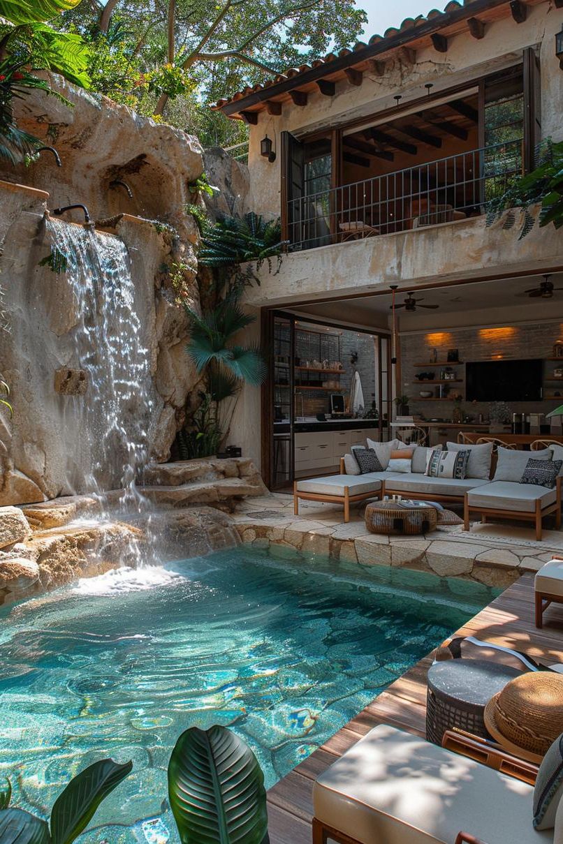 4. Tropical Stone Waterfall Pool Design