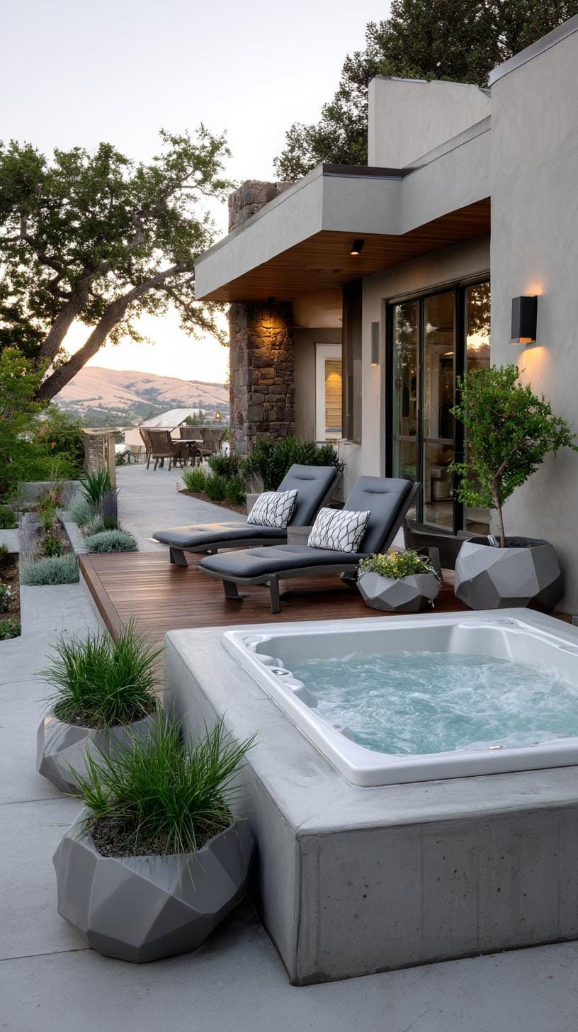16. Let’s Check Out a Stylish Concrete Patio with a Spa Tub!