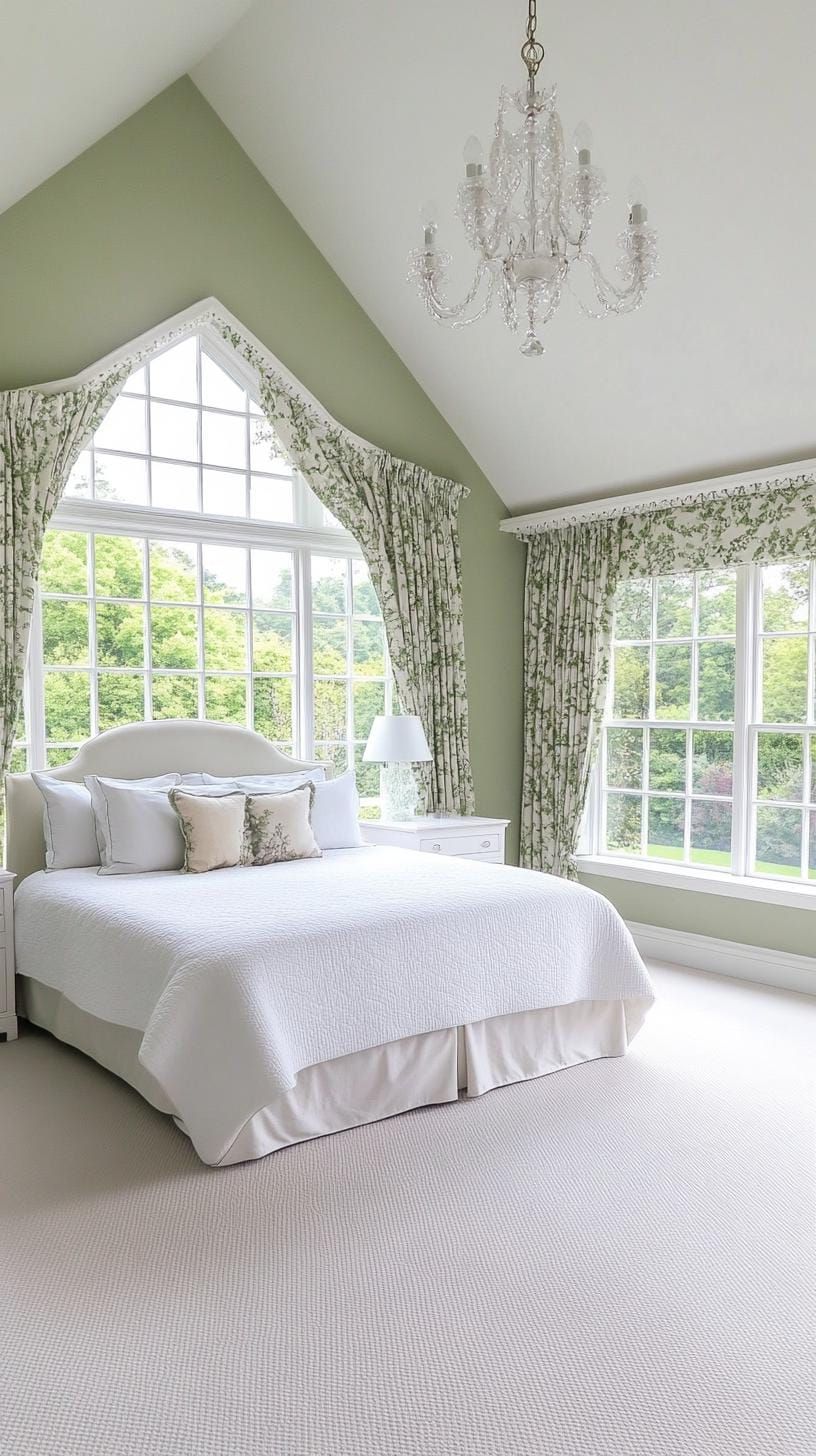 11. French Country Bedroom with Sage Green Toile and Whitewashed Wood