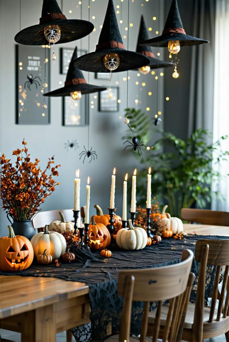 1. Floating Witch Hats with Hidden LEDs Over the Table