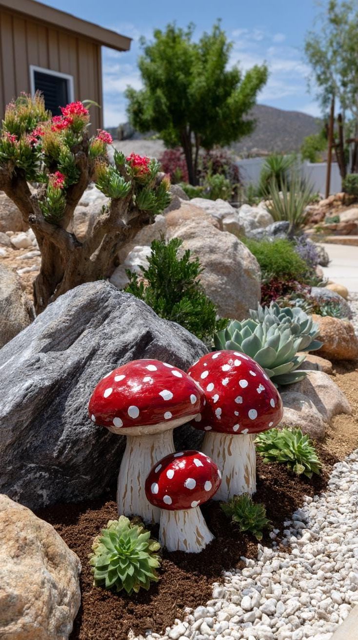 30. Whimsical Hand-Painted Mushroom Rock Art