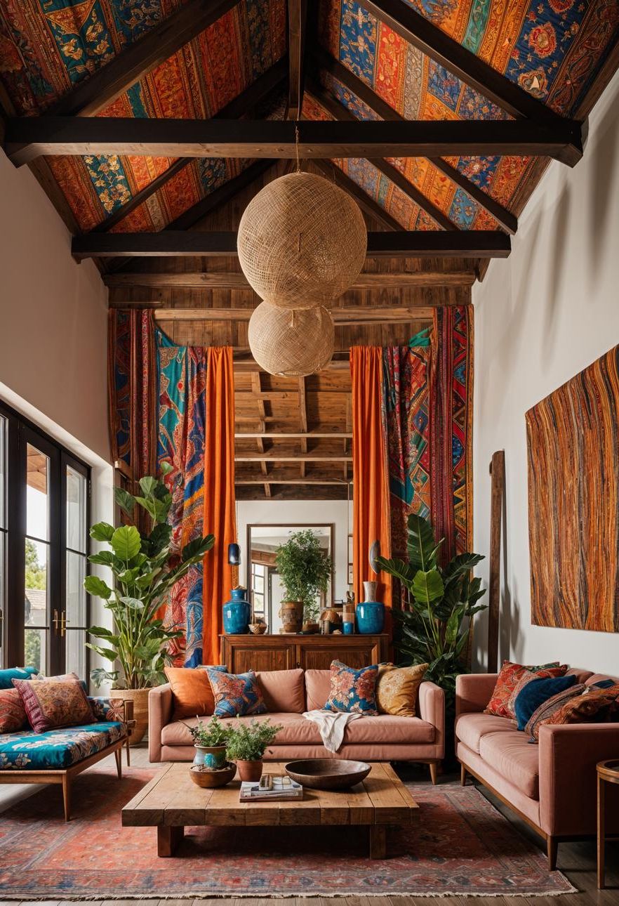 17. Ethnic-Wrapped Ceiling Beams for Boho Charm