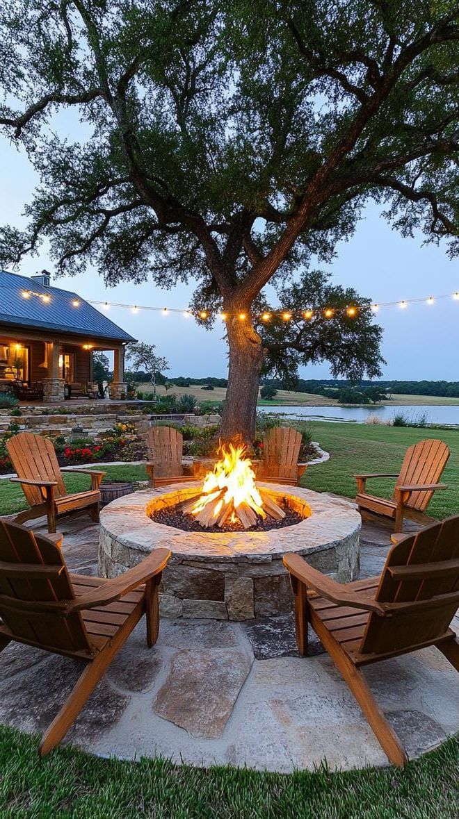 16. Backyard Stone Fire Pit with Farmhouse Chairs