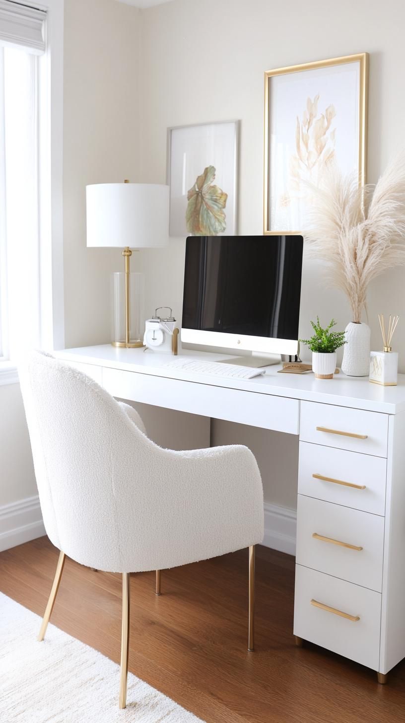 7. Charming white desk with elegant gold touches