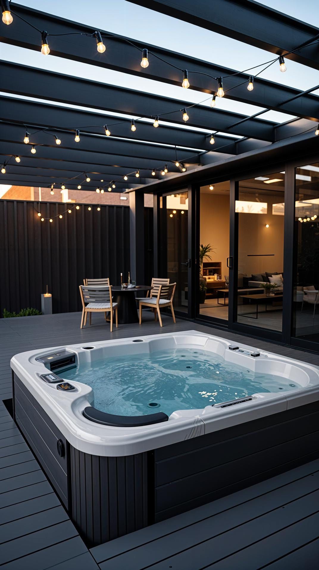 5. Relaxing Hot Tub Oasis with a Stylish Pergola and Twinkling String Lights - photo 3