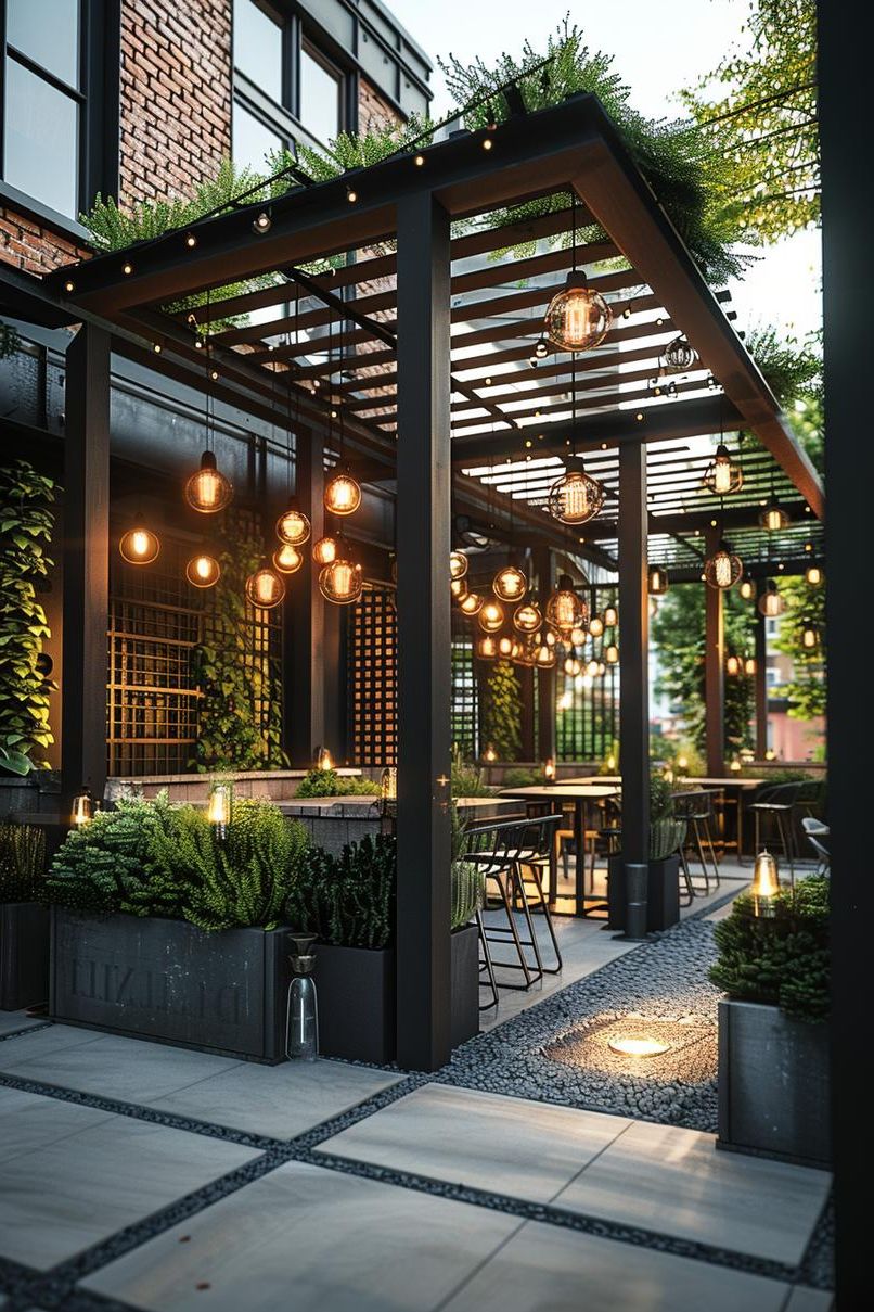 6. Industrial Pergola With Edison Bulb Lighting