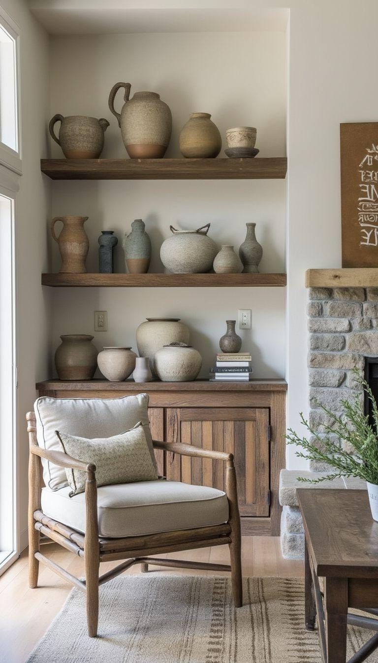 22. Open Shelving Styled with Artisan Pottery