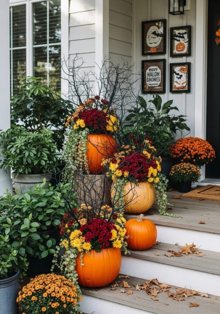 5. Pumpkin Planters Filled with Fall Flowers and Dark Branches - photo 2