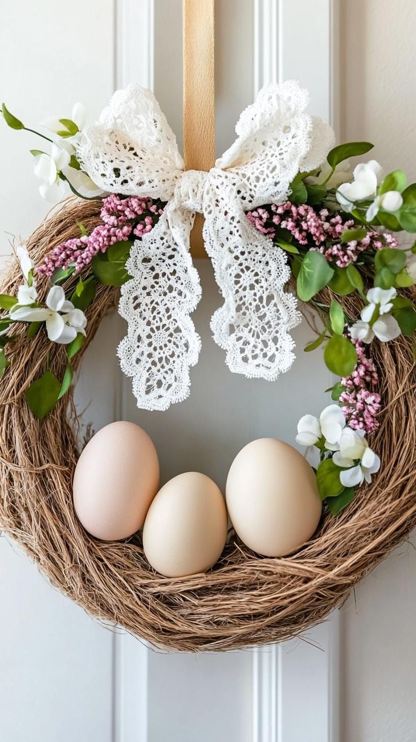 8. Twine-Wrapped Easter Wreath With Lace Bow