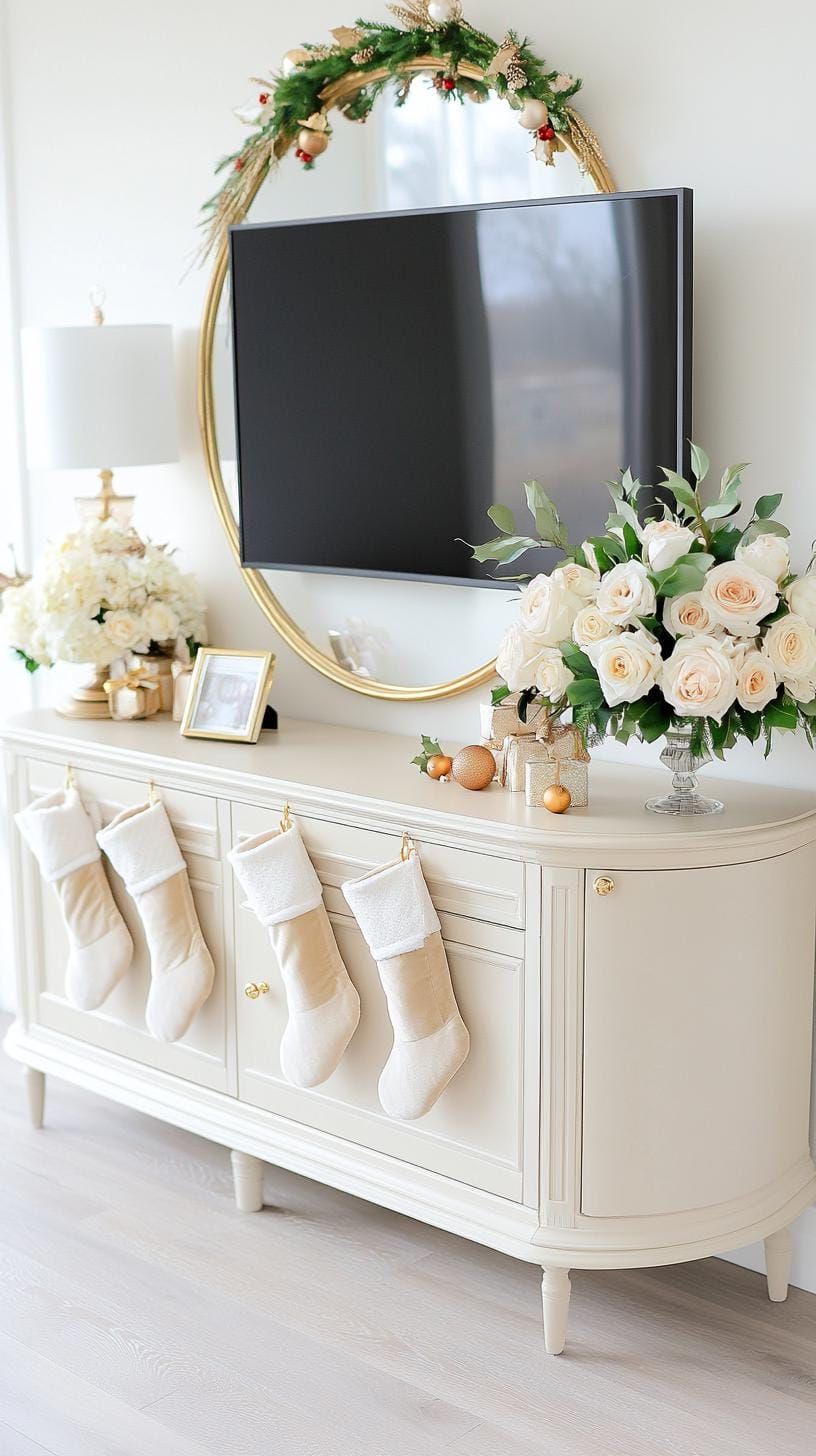 12. Jewel-toned TV stand with velvet and gold accents