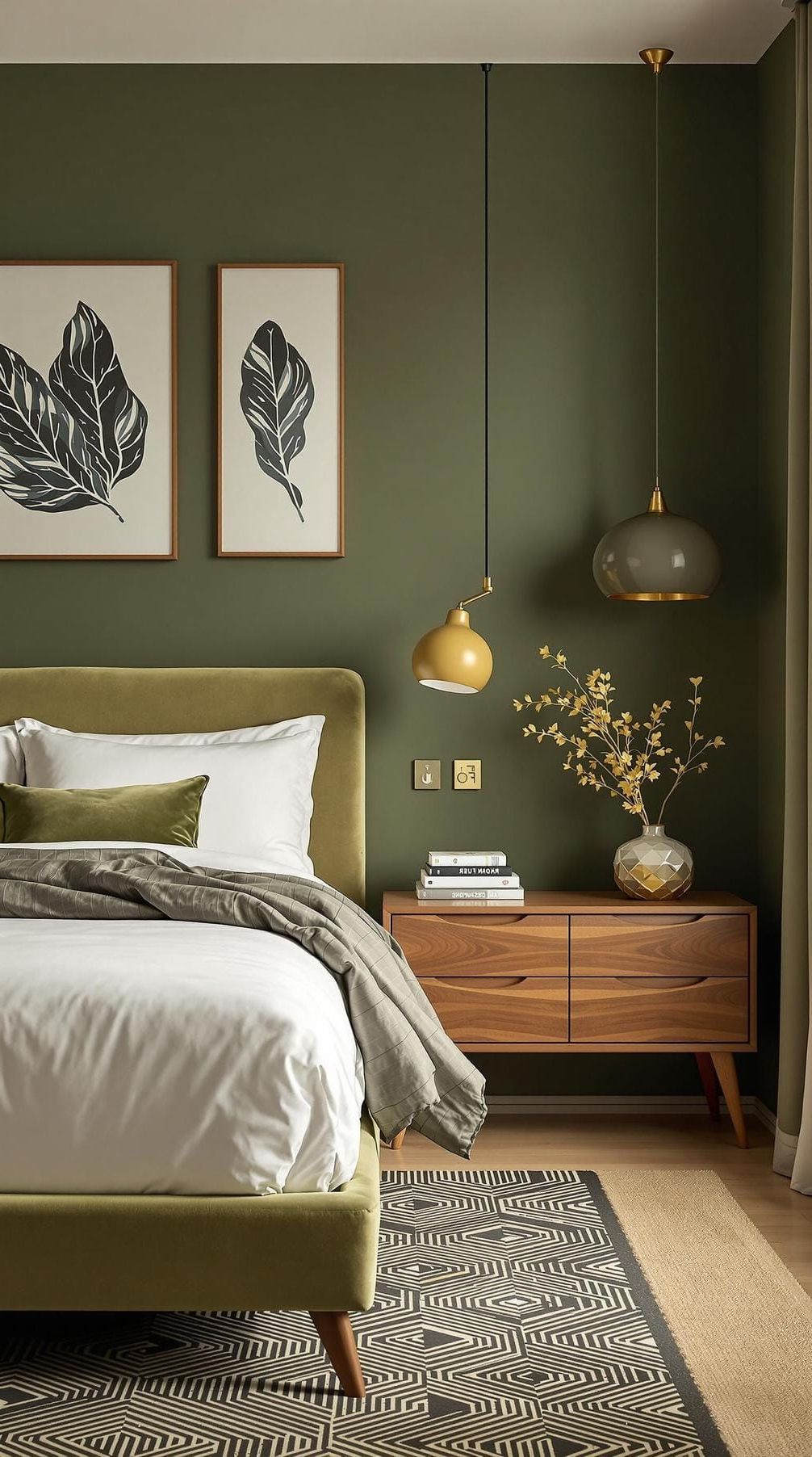 22. Mid-Century Olive Green Bedroom with Walnut Furniture - photo 4