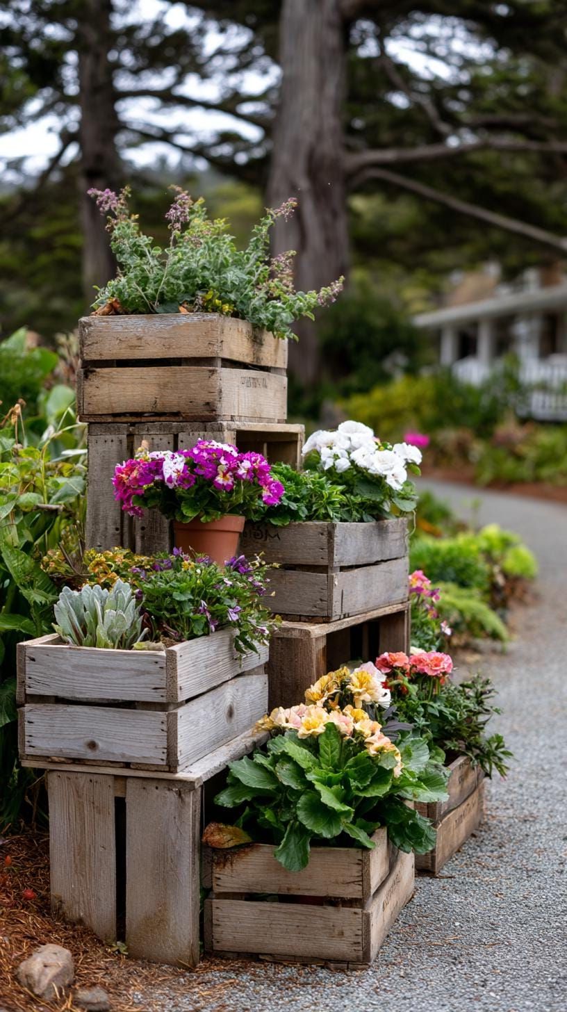 21. Wooden Crate Tower Stacked With Flowerpots