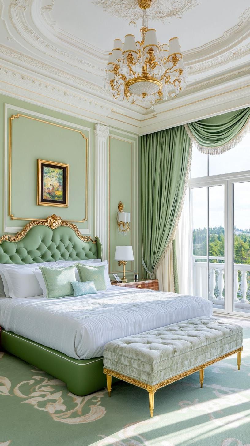 16. Luxurious Bedroom with Sage Green Carpet and Chandeliers - photo 2