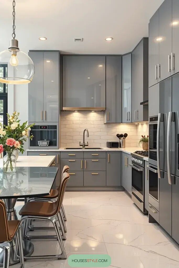 High-Gloss Gray Cabinets for Elegant Kitchens