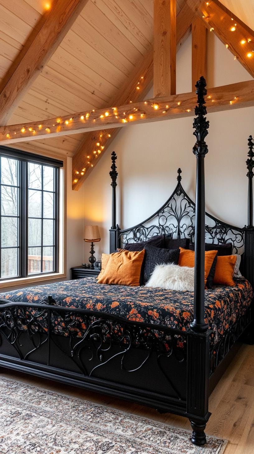 11. Iron Bed With String Lights And Dark Floral Bedspread