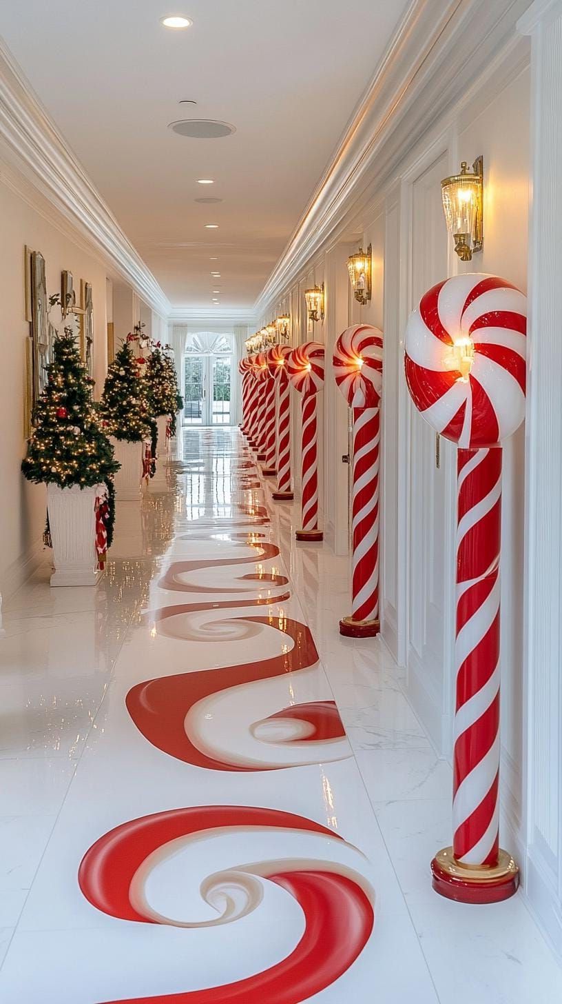 4. Candy cane pathway lined with tall flickering candle posts