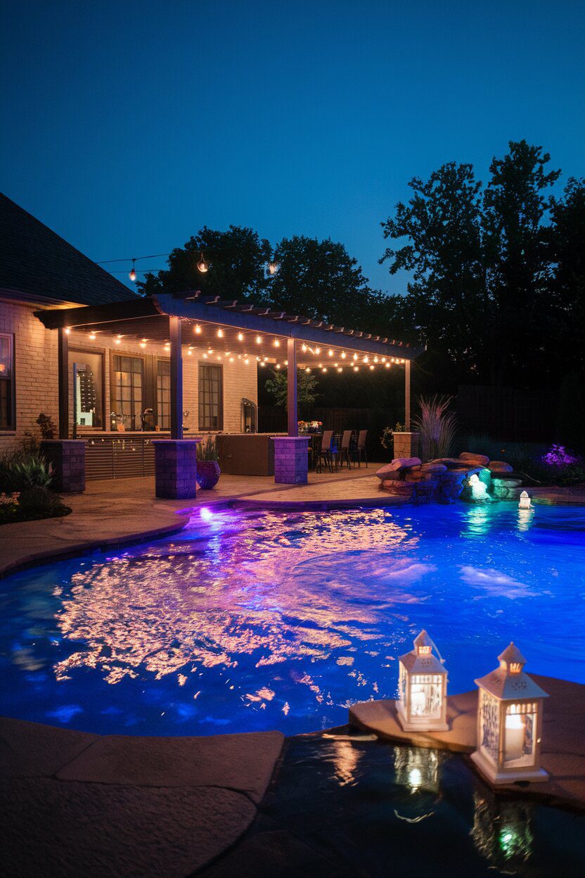 19. Enjoy a Relaxing Evening by Your Pool with Colorful LED Lights